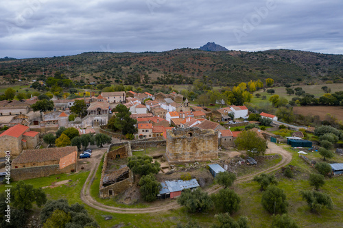 Drone aerial view of Idanha a velha historic village and landscape with Monsanto on the background, in Portugal