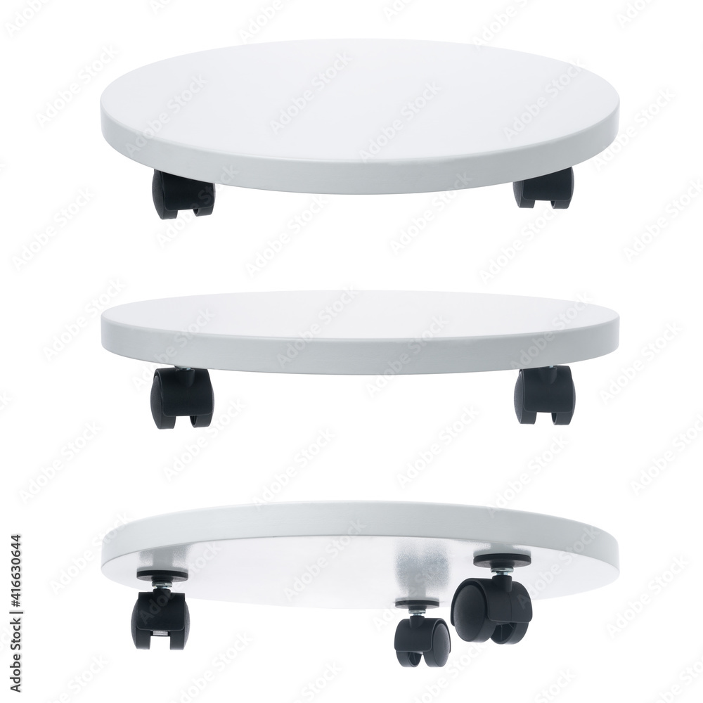 Round white flower stand on wheels isolated on a white background. Round white flower stand on wheels isolated on a white background.