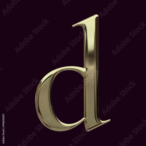 Alphabet letter d with metallic gold texture, 3D rendering, golden font, premium lowercase typography for poster, banner, cover  photo