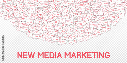 Social media icons. Transparent grid concept. Falling pink like counter. Top semicircle elements on