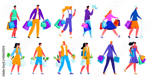 Vector illustration set, collection characters in everyday life, walking down street with shopping, packages, food. Images are of men, women, young, elderly, teenagers, pregnant woman.