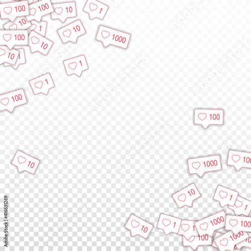 Social media icons. Social media marketing concept. Falling pink like counter. Scatter abstract corn