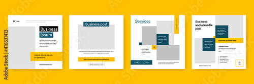 business social media layouts with yellow and green accent, corporate templates for instagram and facebook, simple editable marketing graphics