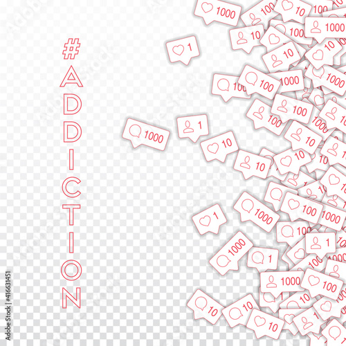 Social media icons. Social media addiction concept. Falling counter comment friend notification. Sca