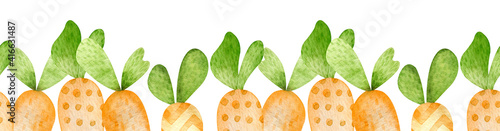 Watercolor seamless border of cartoon style orange carrots. Happy Easter hand-painted header. Carrots for Easter Bunny.
