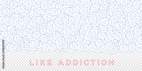 Social media icons. Like addiction concept. Falling scattered thumbs up. Wide top gradient elements