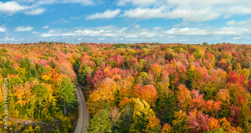 Colorful scenic drive in autumn through the central Michigan countryside near Cadillac