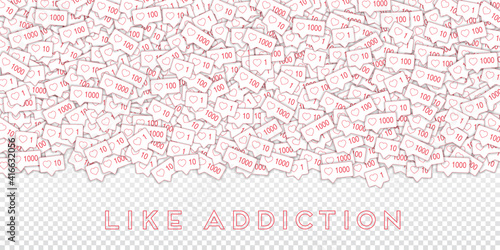 Social media icons. Like addiction concept. Falling pink like counter. Wide top gradient elements on