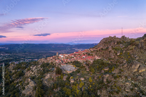 Tableau sur toile Drone aerial panorama view of Monsanto historic village at sunset, in Portugal