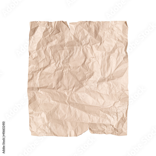 Old light brown crumpled paper page on white background. Isolated.