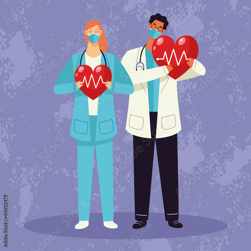 doctor couple wearing medical mask and hearts cardio