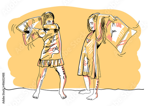 Artistic illustration of two cute girl friends playing together having pillow fight. Vector black lines and yellow and peach shadings. 