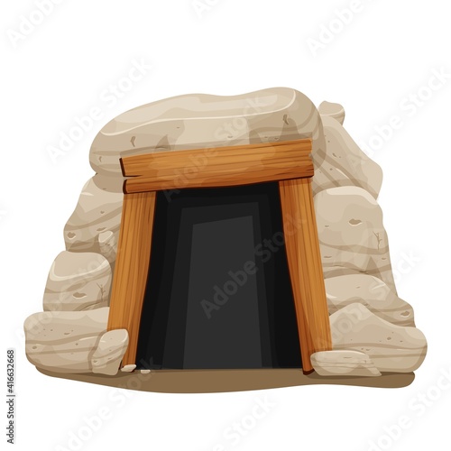 Old cave, mine entrance in cartoon style from stones, rocks and wood planks isolated on white background. Dark tunnel, underground place.