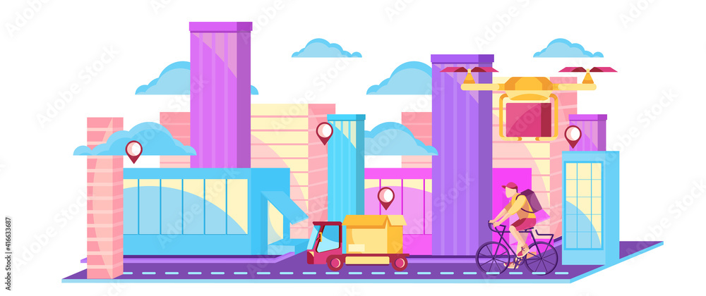 Delivery service UI illustration with delivery van with box, drone, courier on a bicycle. Internet shipping concept with a modern city. Transportation and logistic digital shopping ad background Delivery service UI illustration with delivery van with box, drone, courier on a bicycle. Internet shipping concept with a modern city. Transportation and logistic digital shopping ad background