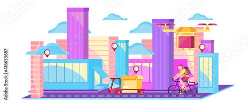 Delivery service UI illustration with delivery van with box, drone, courier on a bicycle. Internet shipping concept with a modern city. Transportation and logistic digital shopping ad background
