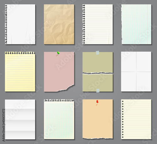 Blank papers set. Vector paper sheets with lines and squares for memo.