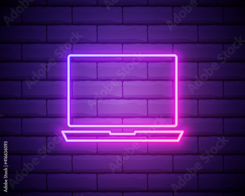 a laptop icon. Elements of Media in neon style icons. Simple icon for websites, web design, mobile app, info graphics isolated on brick wall