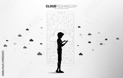 man with mobile phone with cloud icon shaped mobile phone with circuit line graphic, concept of Cloud computing network technology