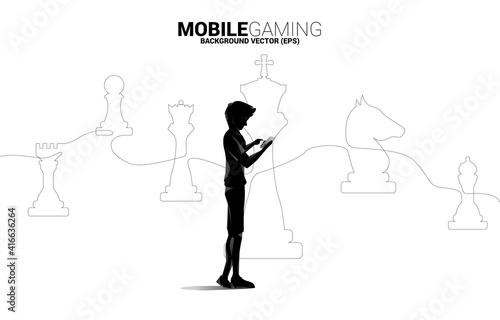 man with mobile phone and chess piece silhouette line background. icon for business planning and strategy thinking gaming