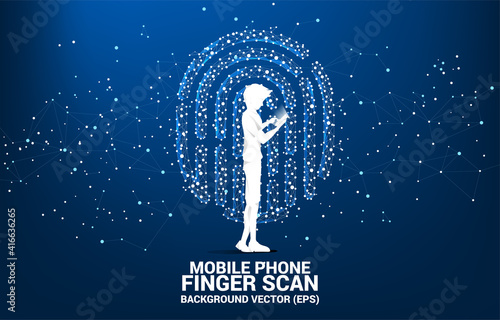 Silhouette businessman with mobile phone standing with thumbprint icon from dot connect line polygon. background concept for finger scan technology and privacy access.