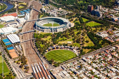 Aerial view of the Melbourne Sports Precinct inclusing the MCG in Melbourne, Victoria, Australia. photo