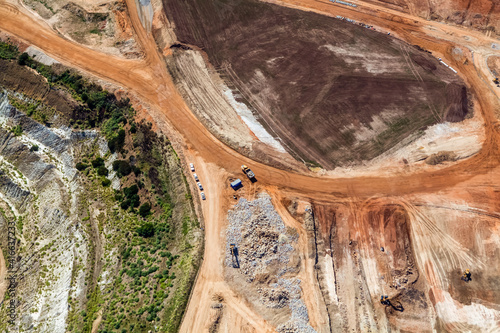 Aerial view of vehicles parked near an opencut mine in Lilydale, Victoria, Australia. photo