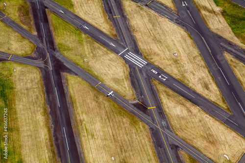Aerial view of aeroplane on taxiway st Moorabin Airport in Moorabin, Victoria, Australia.