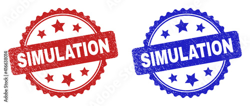 Rosette SIMULATION stamps. Flat vector grunge watermarks with SIMULATION title inside rosette shape with stars, in blue and red color variants. Imprints with grunge surface.