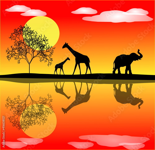 Siluetas de jirafas y elefante bajo el sol con reflejo en un lago tranquilo