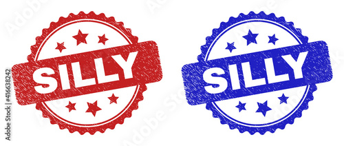 Rosette SILLY seals. Flat vector textured seals with SILLY title inside rosette shape with stars, in blue and red color variants. Watermarks with grunge texture.