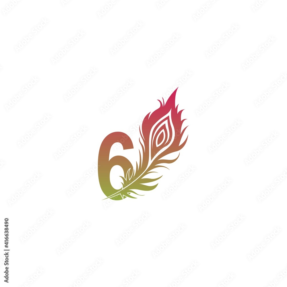 Number 6 with feather logo icon design vector