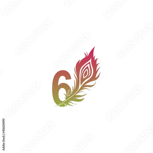 Number 6 with feather logo icon design vector