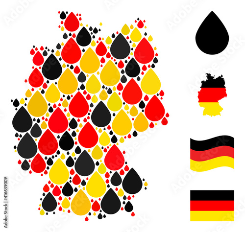 German map mosaic in German flag official colors - red, yellow, black. Vector drop design elements are arranged into mosaic German map composition.