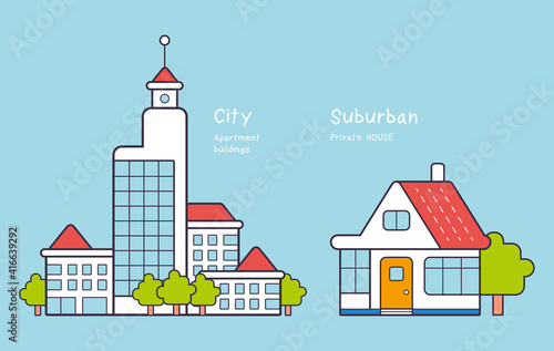 City apartment high-rise buildings and suburban private house icons