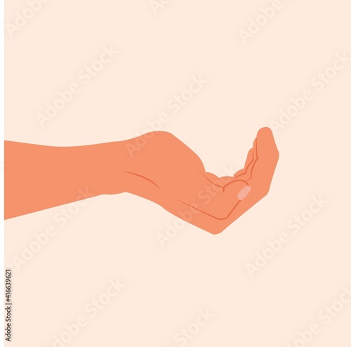 Empty single hand holding something isolated on white background. Open hand for holding product. Hand open palm for showing something. Side view of empty handful vector illustration flat design 