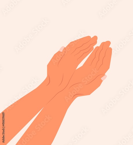 Two hands showing or holding something on top view. Female or male open hands up. Two hands reaching out for help. Isolated Vector illustration. Opening empty handful and lifting them up for help