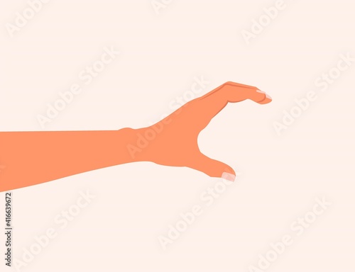 Hand making gesture while showing small amount of something isolated. side view, close-up, hand showing or holding something. hand measuring invisible items modern vector illustration. flat design