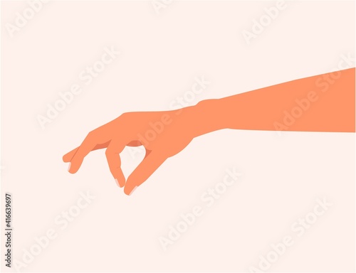 Hand making gesture while taking small amount of something isolated. hand showing or holding something closeup. hand measuring invisible items. picking something up by hand vector illustration