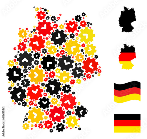 Germany geographic map mosaic in Germany flag official colors - red  yellow  black. Vector clock settings pictograms are arranged into mosaic German map collage.