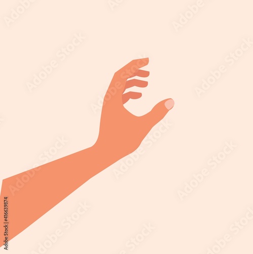 Hand touching or holding to something. Hand making gesture while grasp or catch, take, keep something isolated white background. Grabbing something by hand. Vector illustration. Realistic hand. eps10 