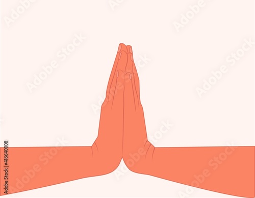 Praying hands with faith in religion and belief in God isolated on white background. Christ, Mudra, Namaste or Namaskar hands gesture. Prayer vector illustration Hands together praying or beging