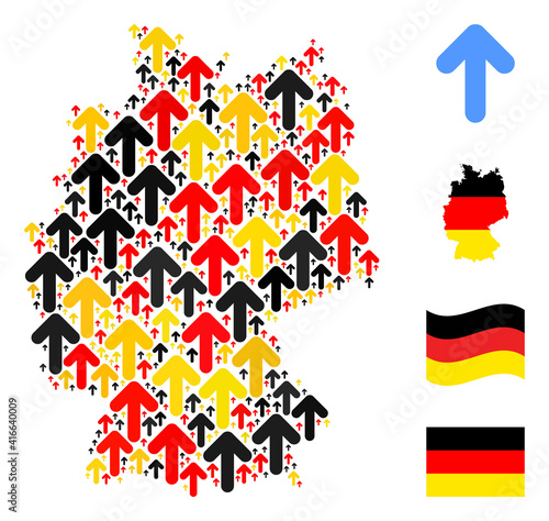 German geographic map mosaic in German flag official colors - red, yellow, black. Vector direction arrow elements are combined into mosaic Germany map mosaic.