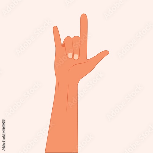 Hand showing three fingers, Rock symbol vector illustration. Fingers raised up. Heavy metal, rock and roll, devil horns hand gesture . Hand showing heavy metal rock-n-roll sign flat modern design