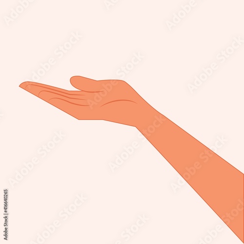 Empty single hand holding something isolated on white background. Open hand for holding product. Hand open palm for showing something. Side view of empty handful vector illustration flat design 