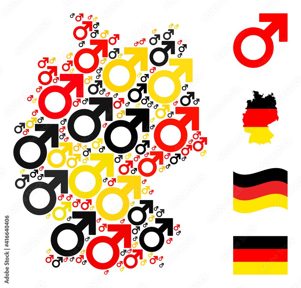 Germany state map mosaic in German flag official colors - red, yellow, black. Vector male symbol pictograms are combined into conceptual German map composition.