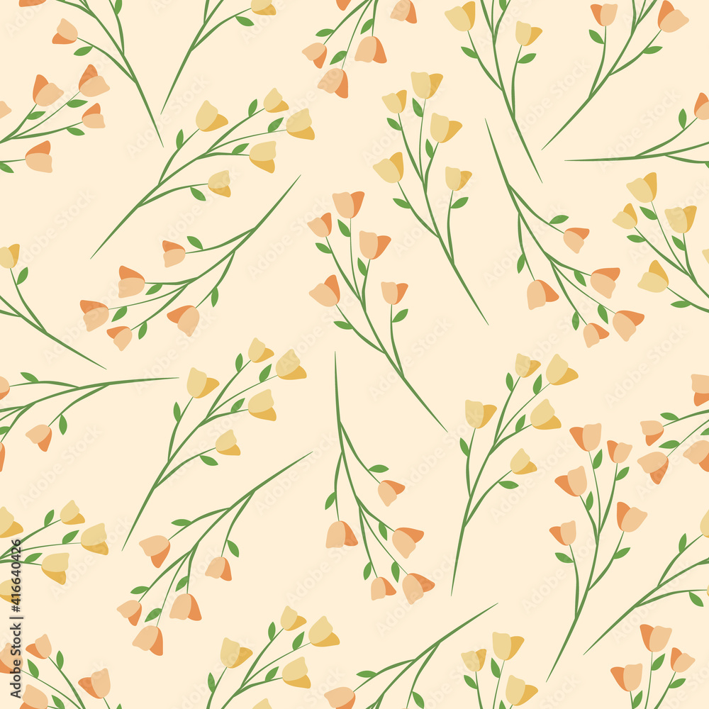Set of simple spring patterns with 
yellow and orange flowers. For textiles, wrapping paper, etc.