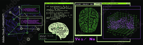 Sci-fi futuristic dashboard with message boxes and windows. Computer screen of scientist's desktop with brain MRI scans, programs and charts.