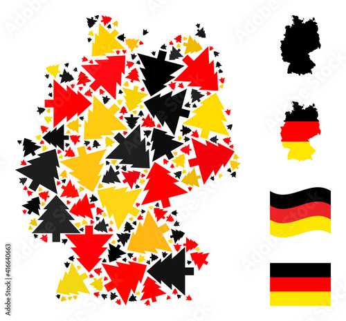 German map mosaic in German flag official colors - red, yellow, black. Vector fir tree items are united into mosaic German map composition. Patriotic concept done with flat fir tree design elements.