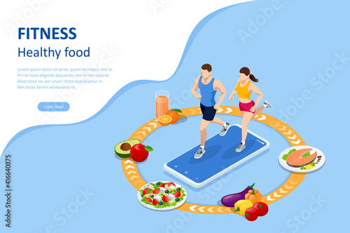 Isometric Healthy food and Diet planning concept. Healthy eating, personal diet or nutrition plan from dieting expert. Nutrition consulting, diet plan. Excess weight
