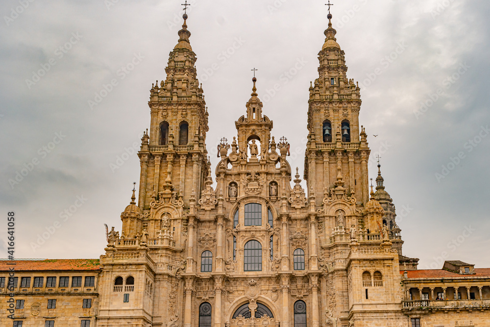 Santiago de Compostela Cathedral view from Obradoiro square. Cathedral of Saint James, Spain. Galicia, pilgrimage.